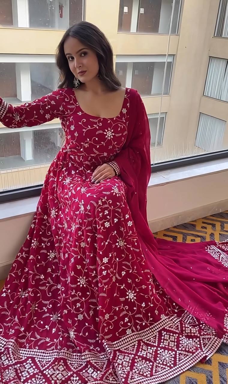 Charming Embroidered Work Pink Color Gown