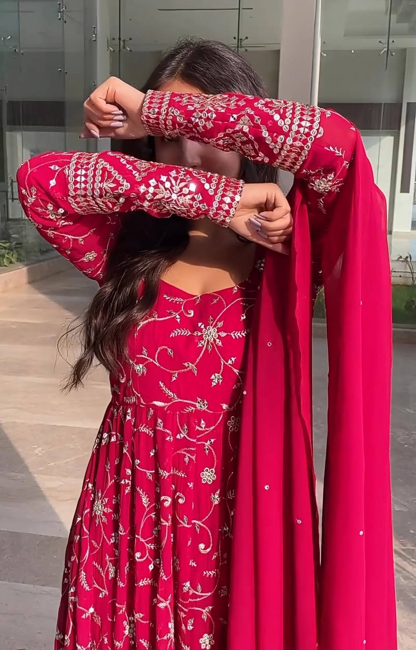 Charming Embroidered Work Pink Color Gown