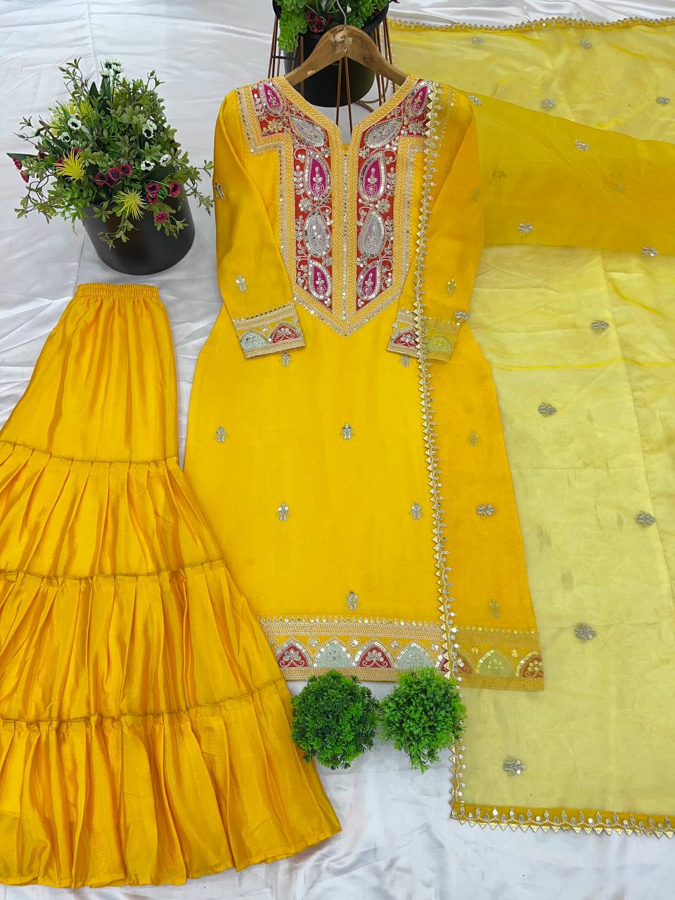 Fantastic Chinon Silk Yellow Color Sharara Suit