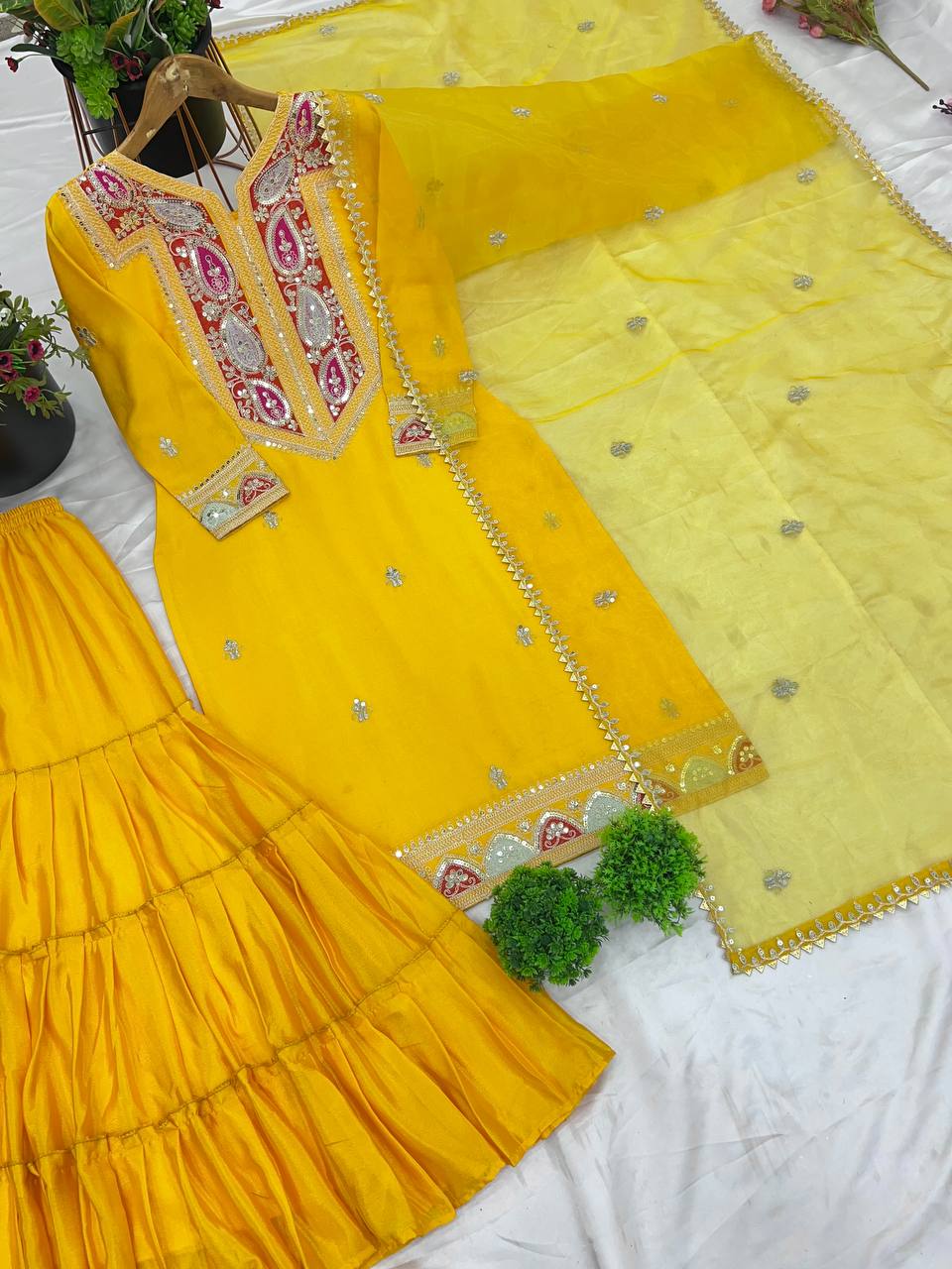 Fantastic Chinon Silk Yellow Color Sharara Suit