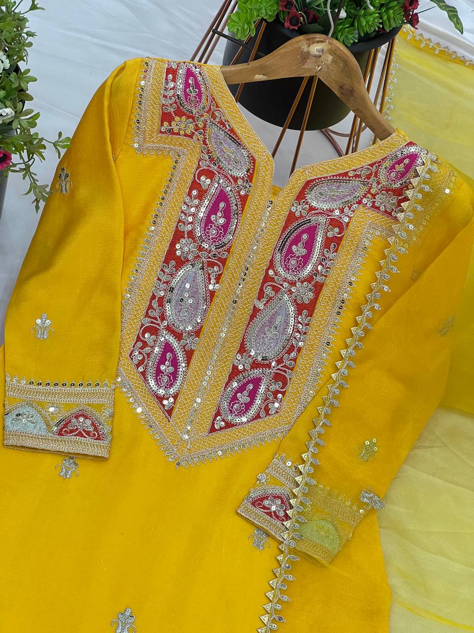 Fantastic Chinon Silk Yellow Color Sharara Suit