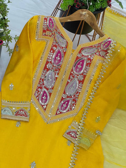 Fantastic Chinon Silk Yellow Color Sharara Suit