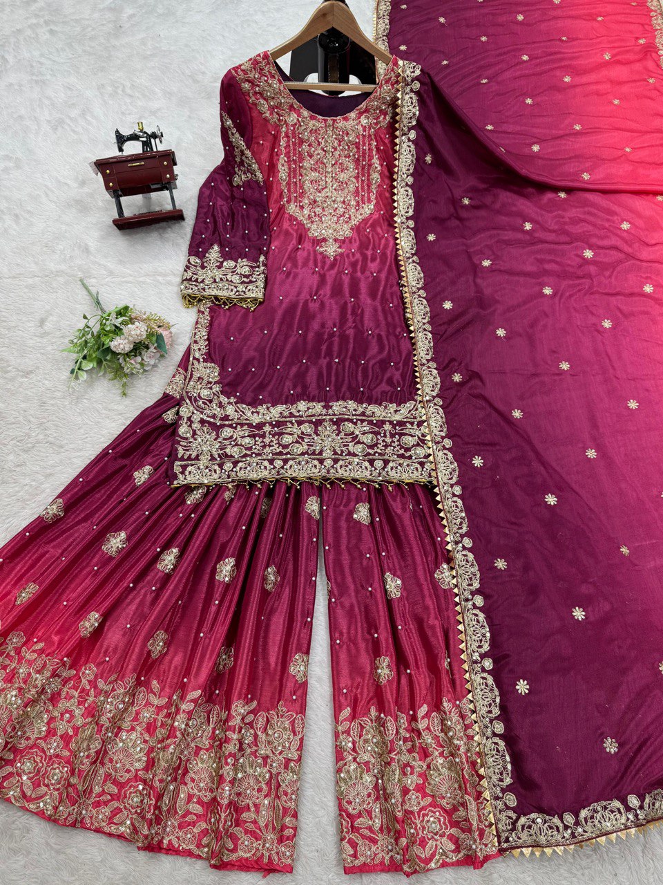 Glimmering Chinon Silk Double Shade Wine Color Sharara Suit
