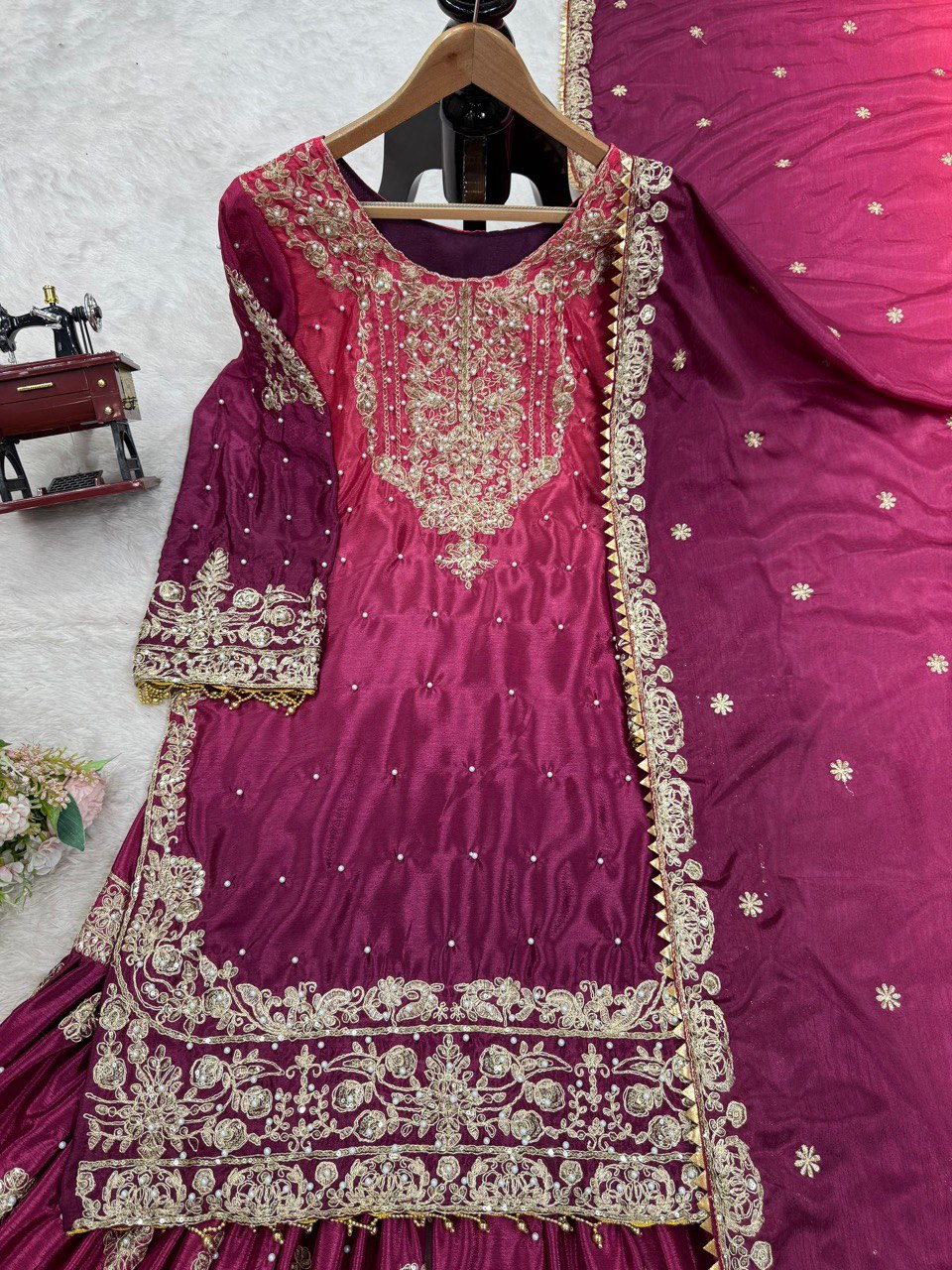 Glimmering Chinon Silk Double Shade Wine Color Sharara Suit