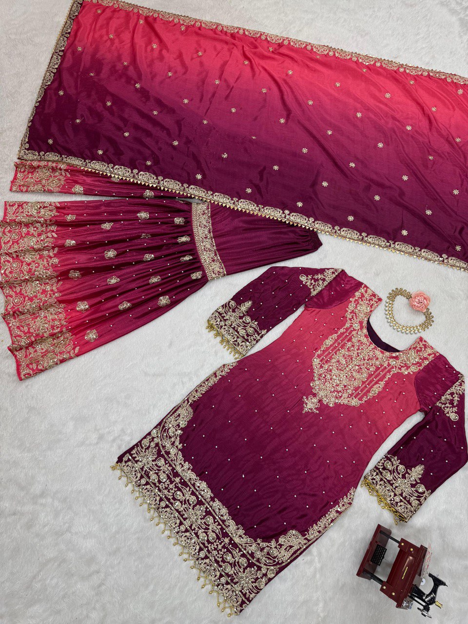 Glimmering Chinon Silk Double Shade Wine Color Sharara Suit