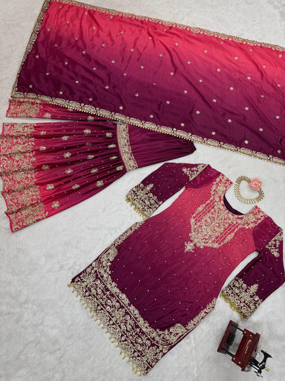 Glimmering Chinon Silk Double Shade Wine Color Sharara Suit