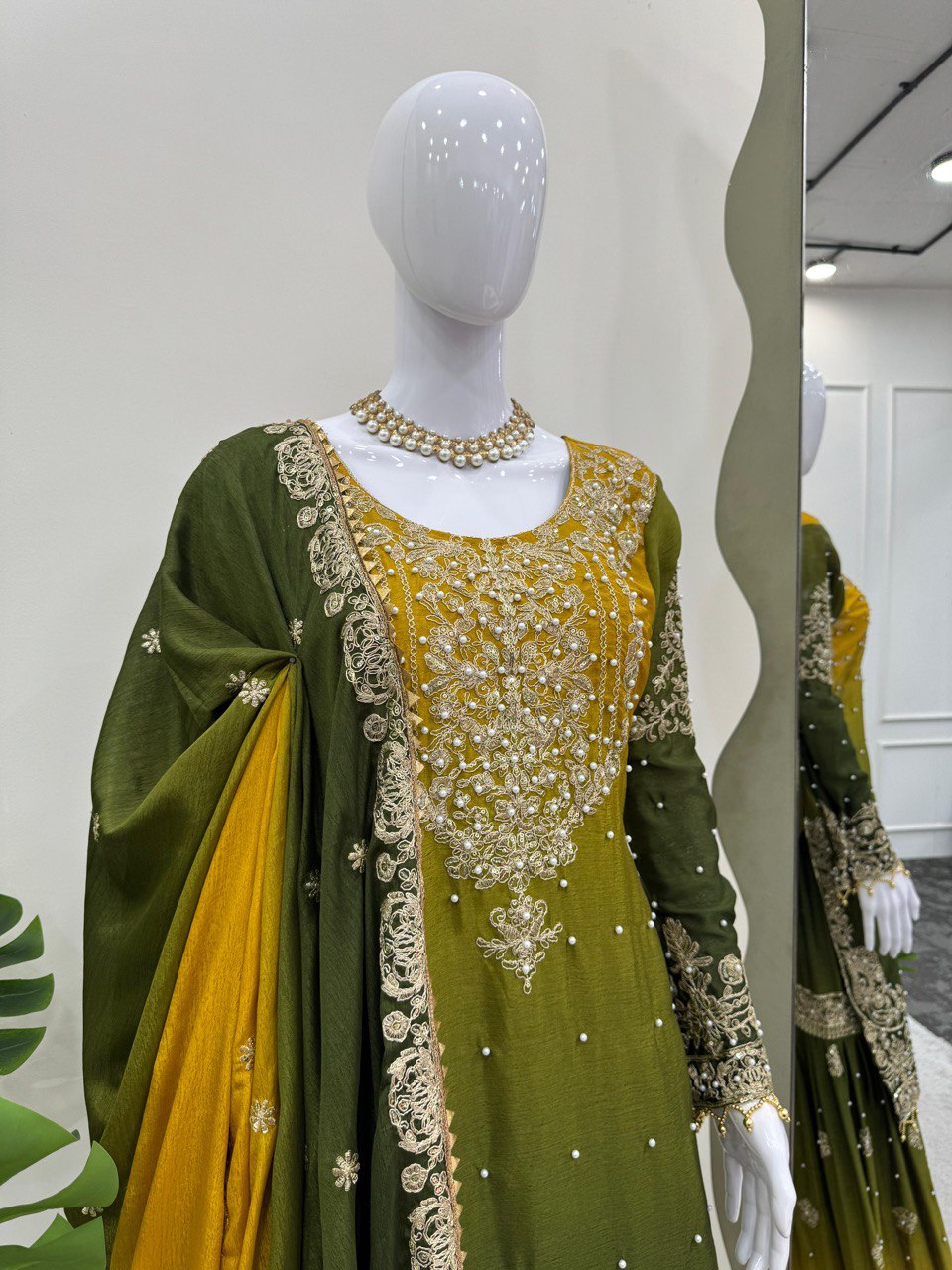 Glimmering Chinon Silk Double Shade Mehndi Color Sharara Suit