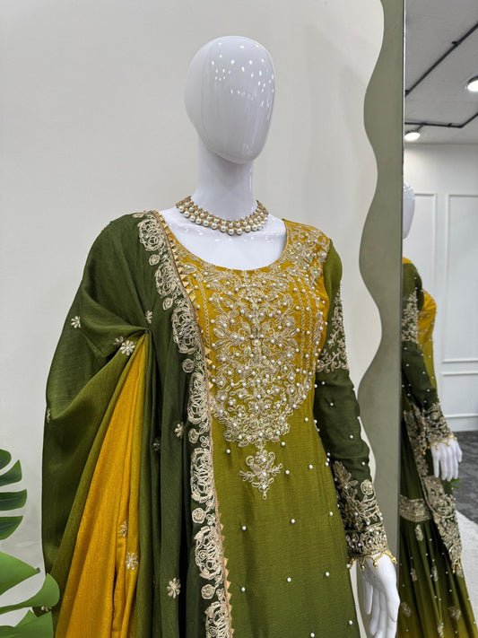 Glimmering Chinon Silk Double Shade Mehndi Color Sharara Suit