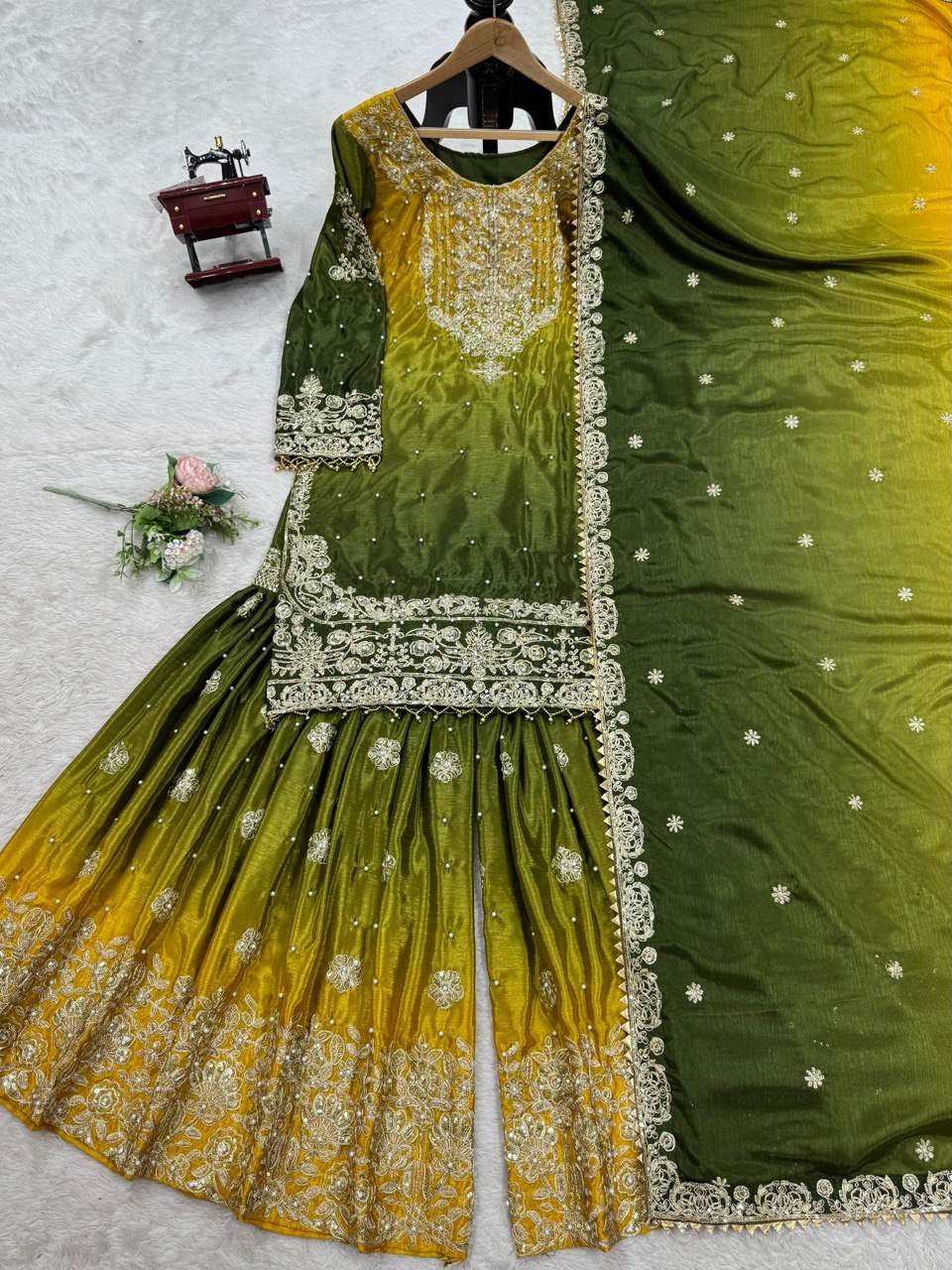 Glimmering Chinon Silk Double Shade Mehndi Color Sharara Suit