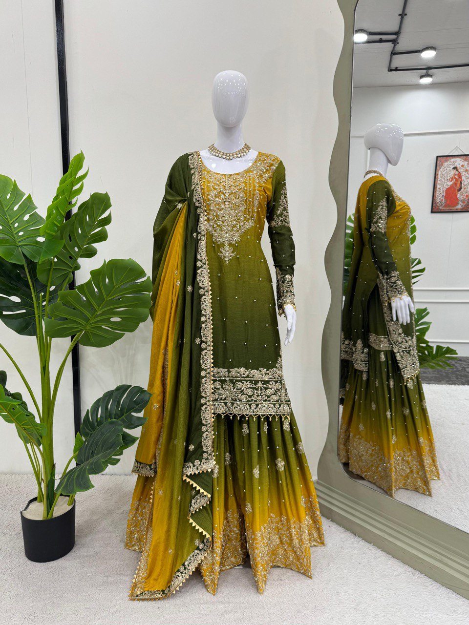 Glimmering Chinon Silk Double Shade Mehndi Color Sharara Suit
