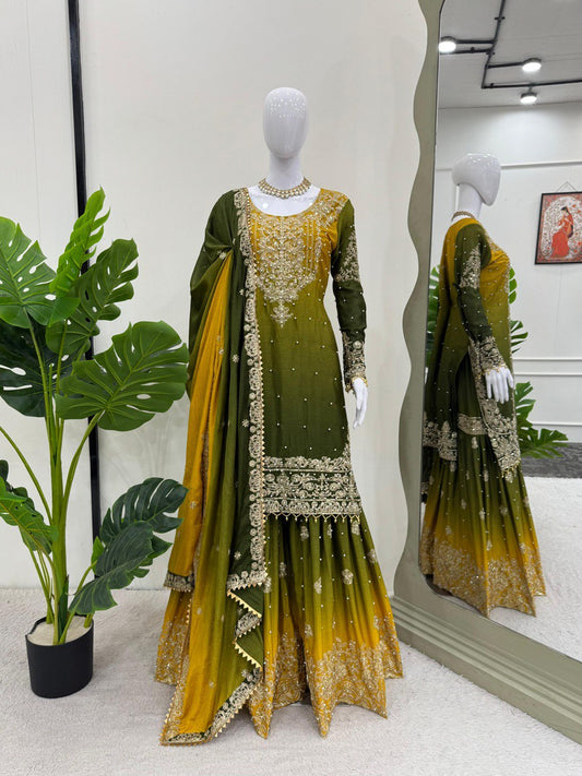 Glimmering Chinon Silk Double Shade Mehndi Color Sharara Suit