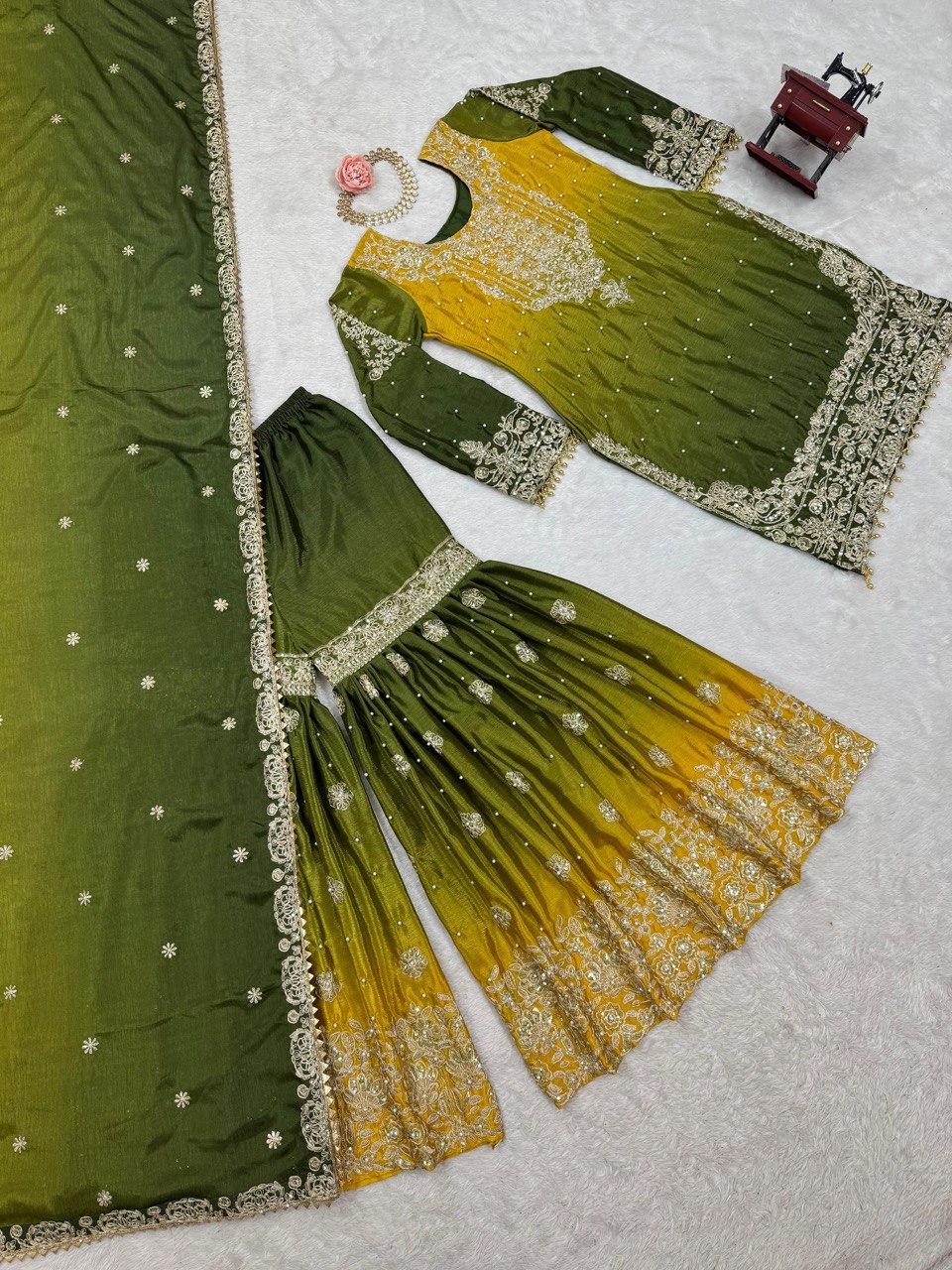 Glimmering Chinon Silk Double Shade Mehndi Color Sharara Suit