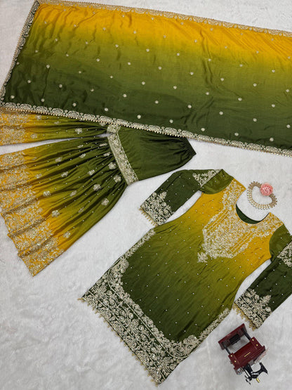 Glimmering Chinon Silk Double Shade Mehndi Color Sharara Suit