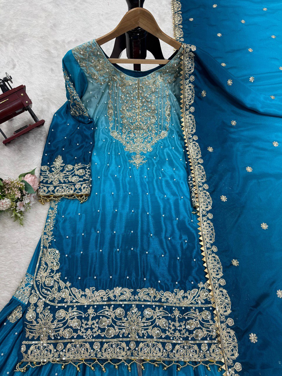Glimmering Chinon Silk Double Shade Sky Blue Color Sharara Suit