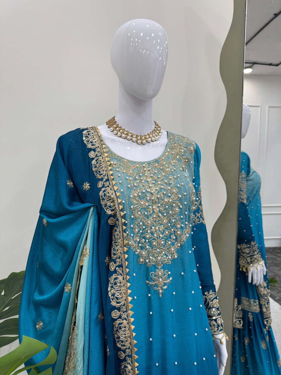 Glimmering Chinon Silk Double Shade Sky Blue Color Sharara Suit