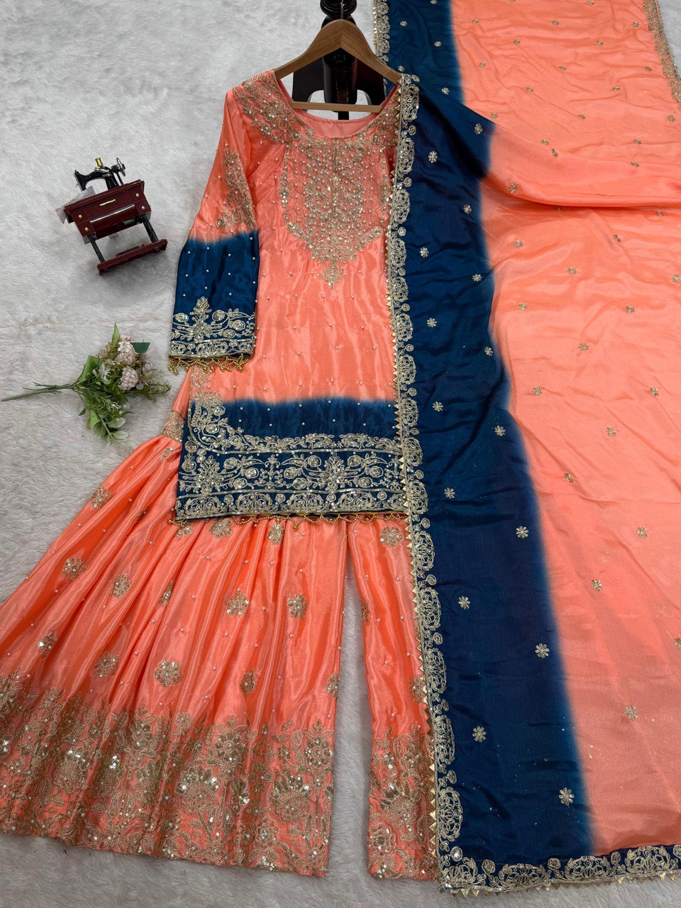 Glimmering Chinon Silk Double Shade Peach Color Sharara Suit