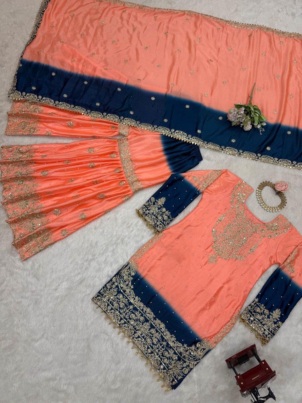 Glimmering Chinon Silk Double Shade Peach Color Sharara Suit