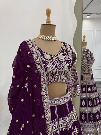 Fabulous Gorgette Wine Color Sequnce Work Lehenga Choli