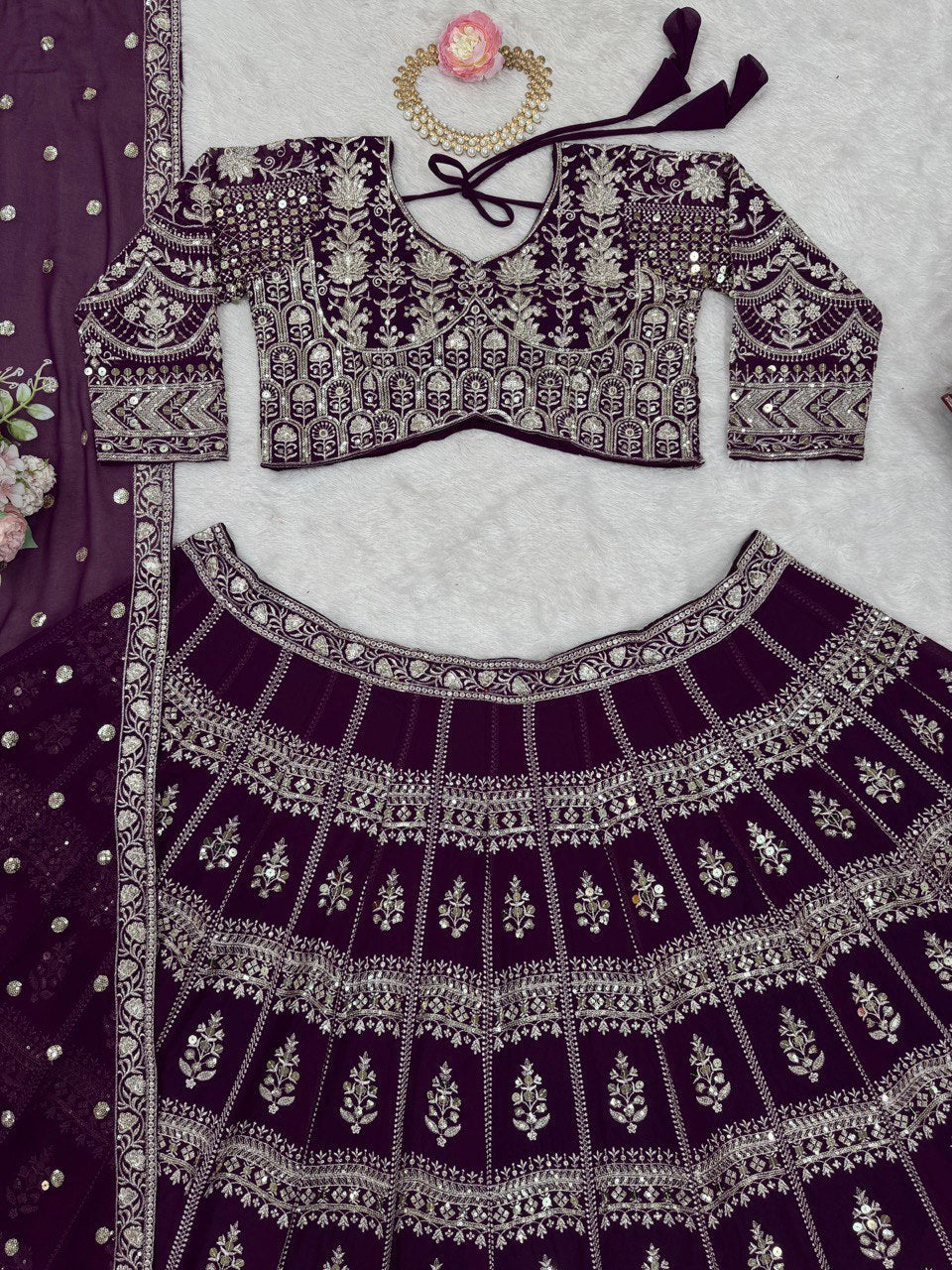 Fabulous Gorgette Wine Color Sequnce Work Lehenga Choli
