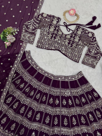 Fabulous Gorgette Wine Color Sequnce Work Lehenga Choli
