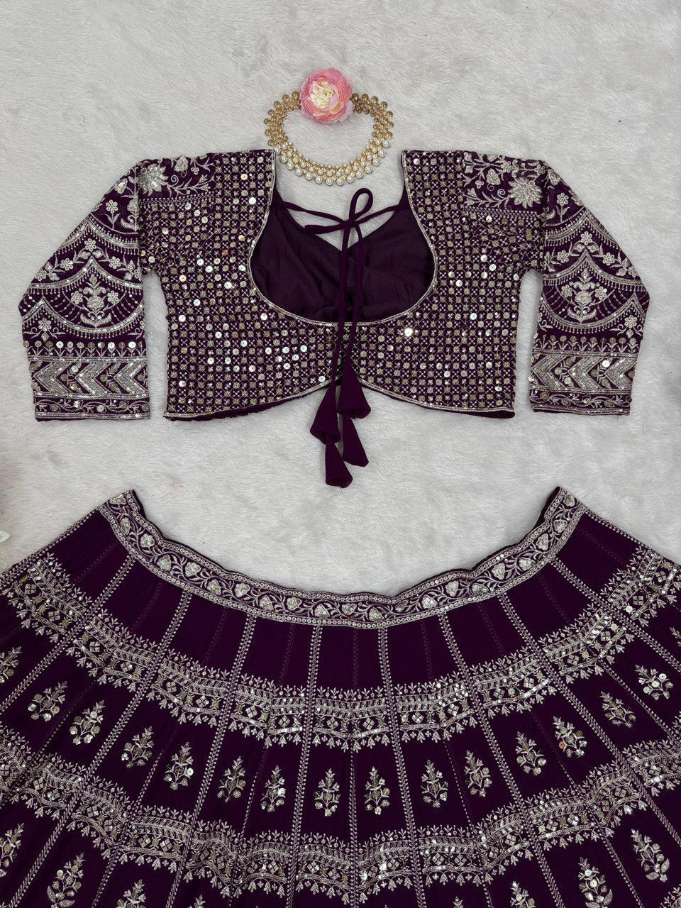 Fabulous Gorgette Wine Color Sequnce Work Lehenga Choli
