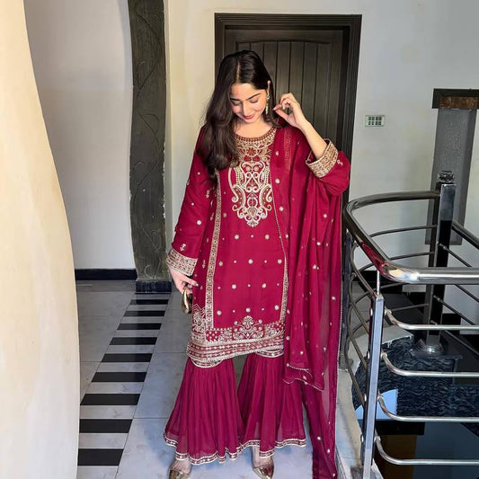 Awesome Georgette Sequins Work Red Color Sharara Suit