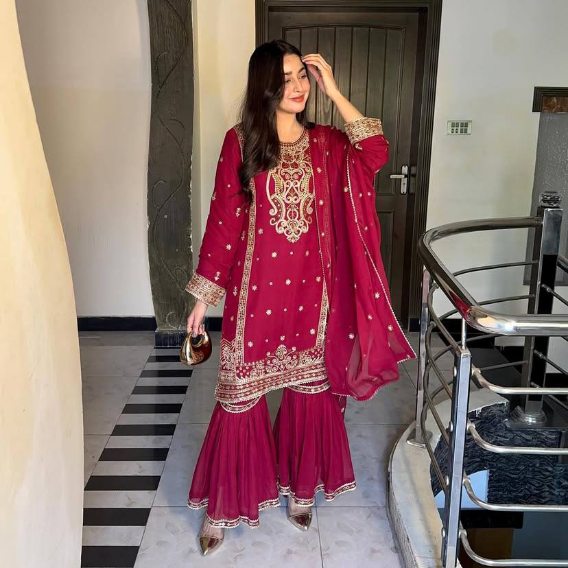 Awesome Georgette Sequins Work Red Color Sharara Suit