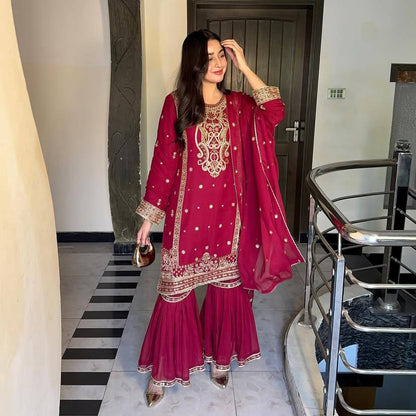 Awesome Georgette Sequins Work Red Color Sharara Suit