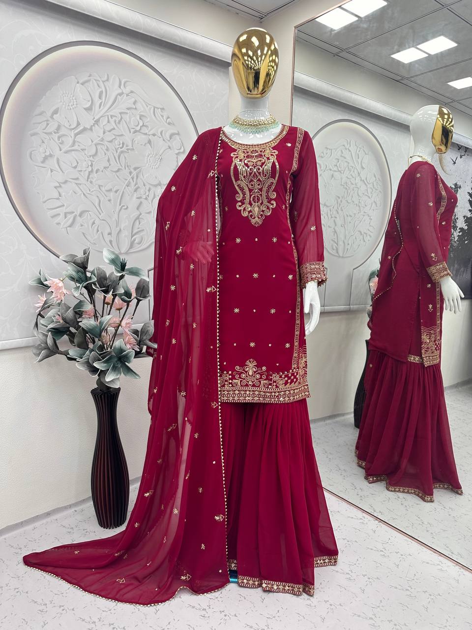 Awesome Georgette Sequins Work Red Color Sharara Suit