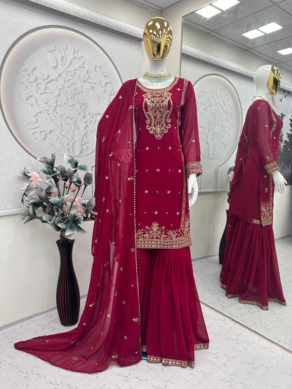 Awesome Georgette Sequins Work Red Color Sharara Suit