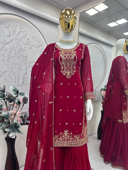 Awesome Georgette Sequins Work Red Color Sharara Suit