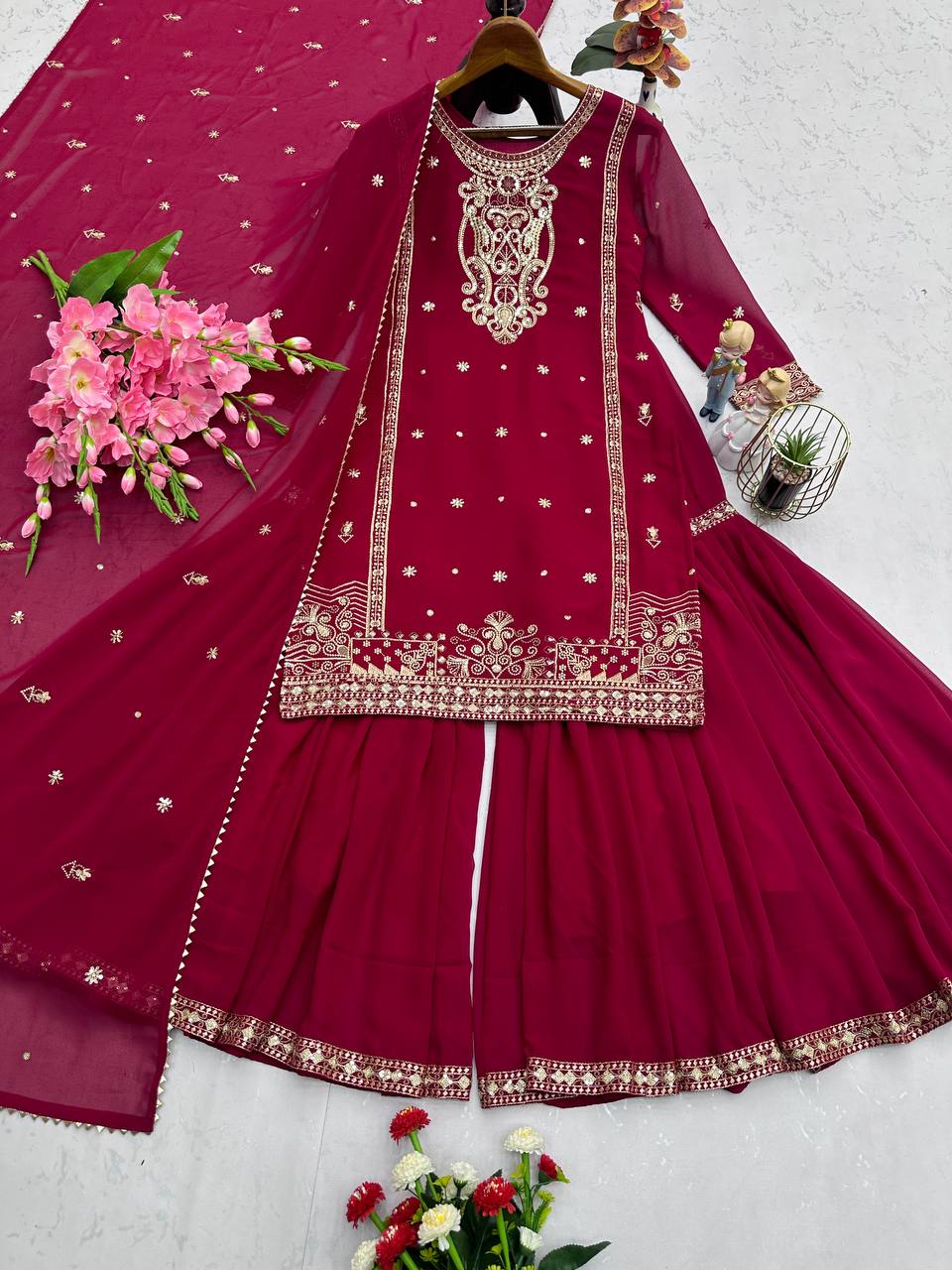 Awesome Georgette Sequins Work Red Color Sharara Suit