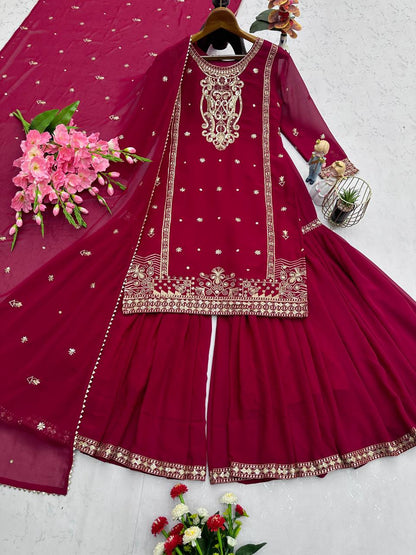 Awesome Georgette Sequins Work Red Color Sharara Suit
