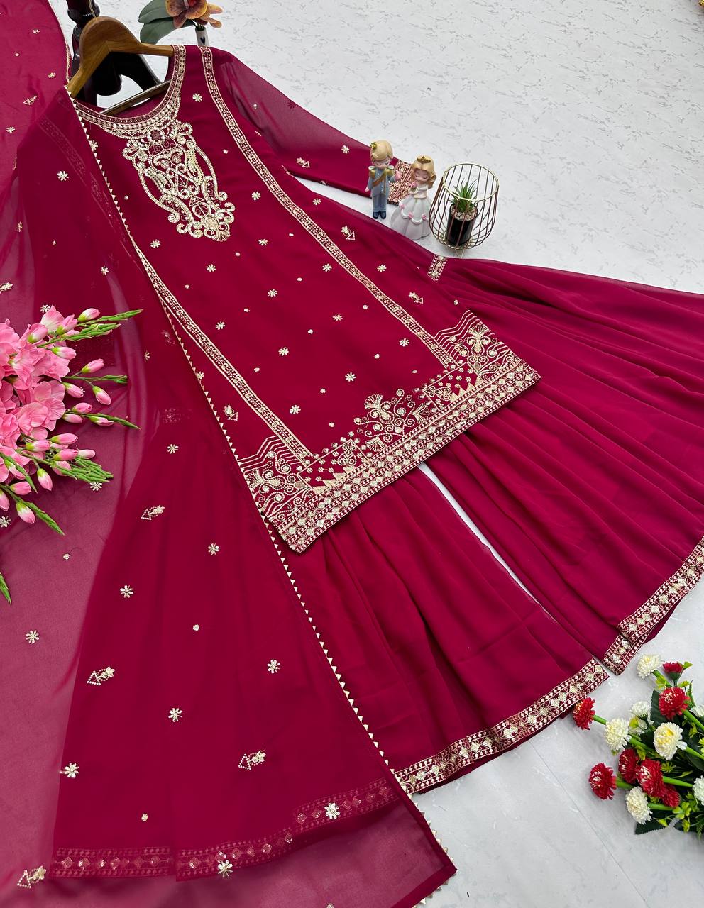 Awesome Georgette Sequins Work Red Color Sharara Suit