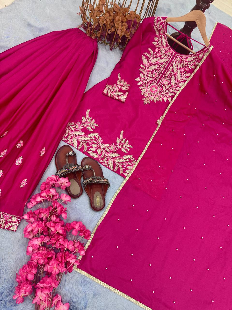 Ravishing Chinon Silk Pink Color Sharara Suit