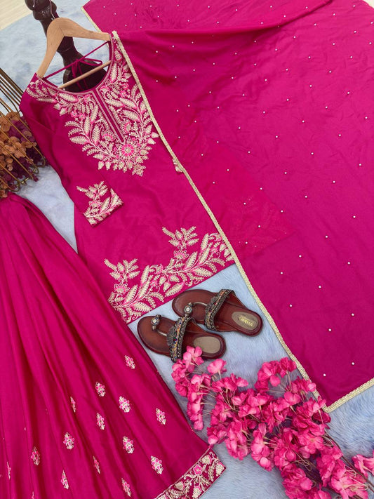 Ravishing Chinon Silk Pink Color Sharara Suit