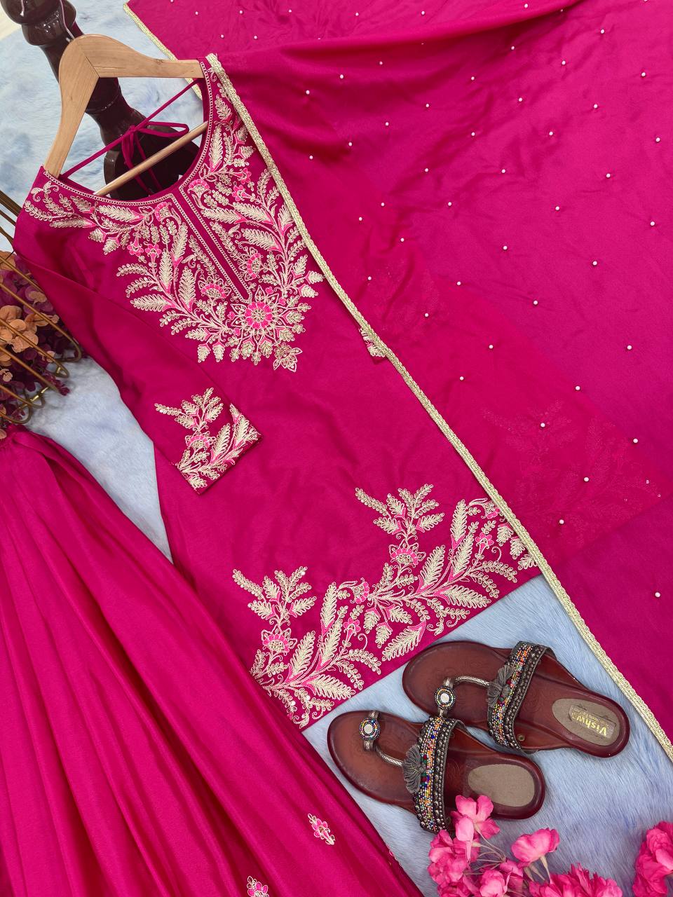 Ravishing Chinon Silk Pink Color Sharara Suit