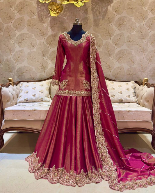Wedding Wear Roman Silk Pink Color Top With Lehenga