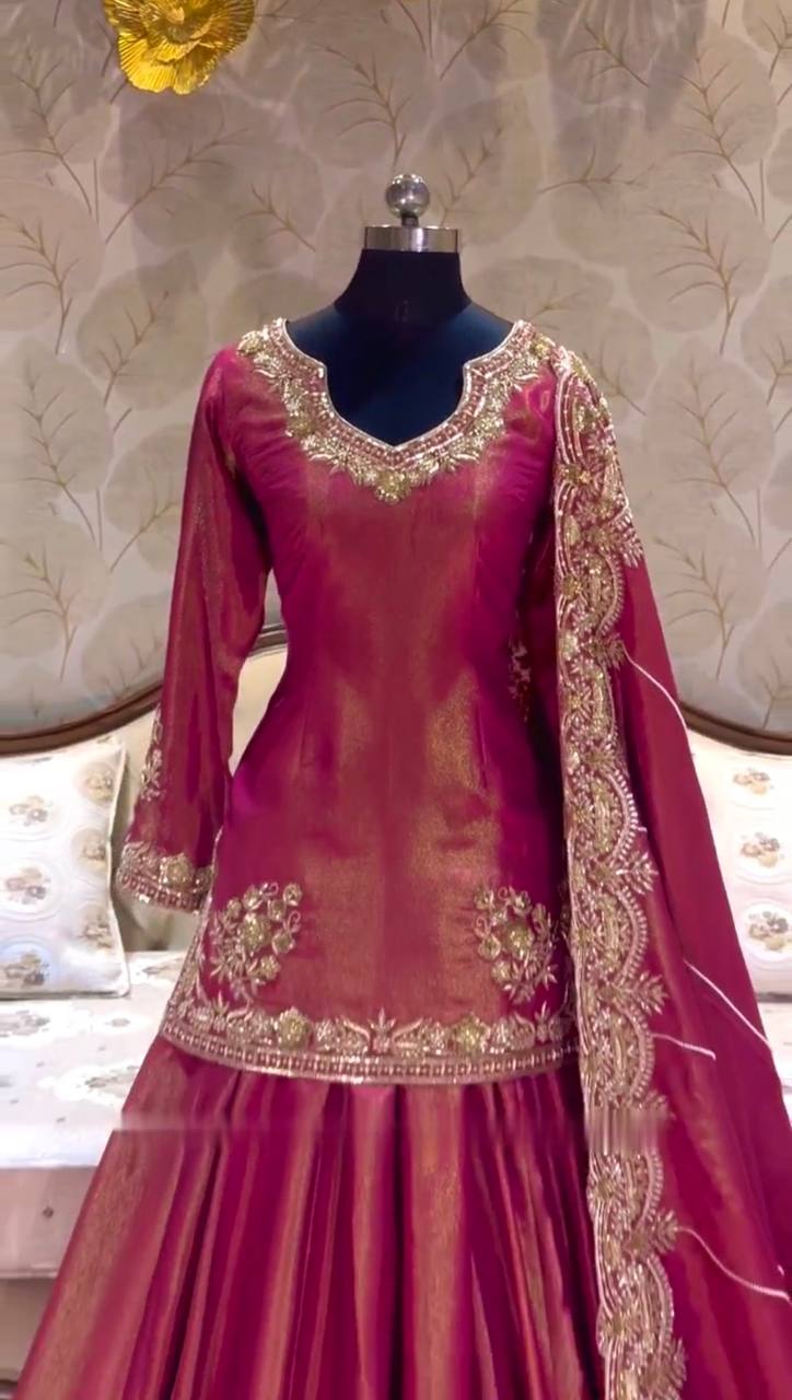 Wedding Wear Roman Silk Pink Color Top With Lehenga