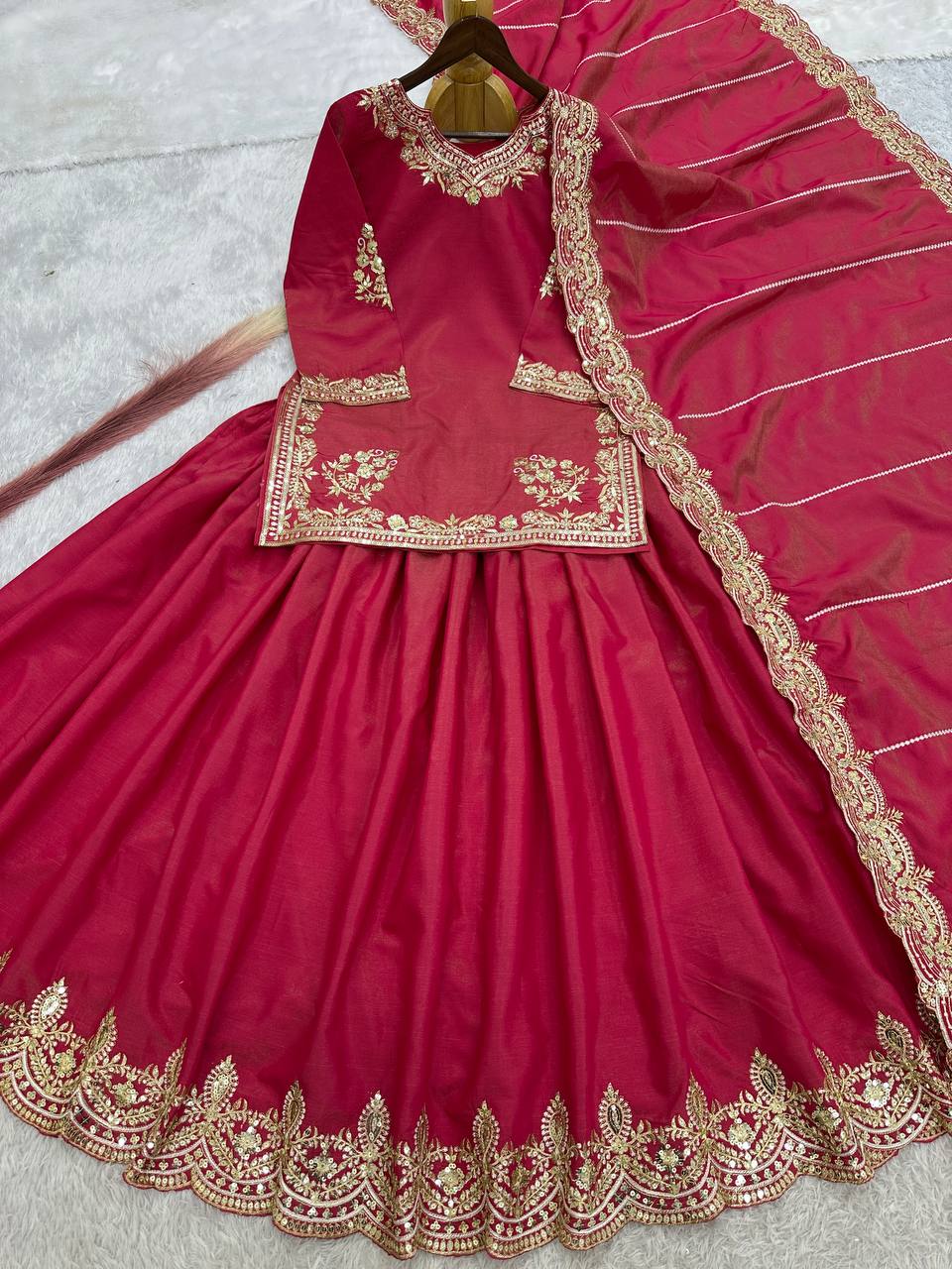 Wedding Wear Roman Silk Pink Color Top With Lehenga