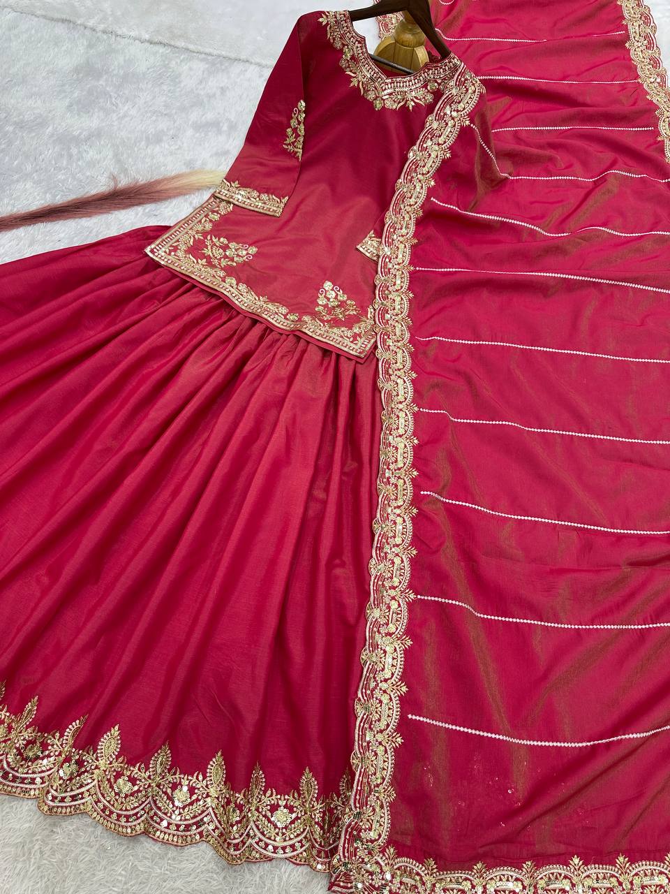 Wedding Wear Roman Silk Pink Color Top With Lehenga