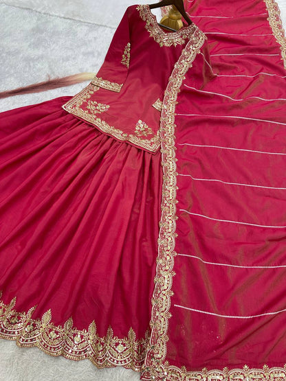 Wedding Wear Roman Silk Pink Color Top With Lehenga