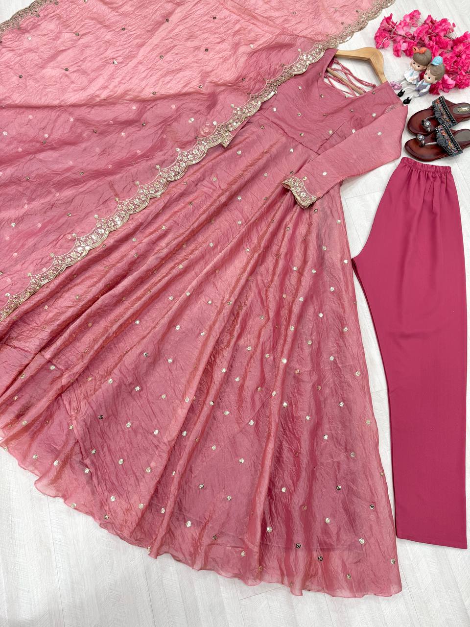 Adorable Sequence Work Pink Color Gown