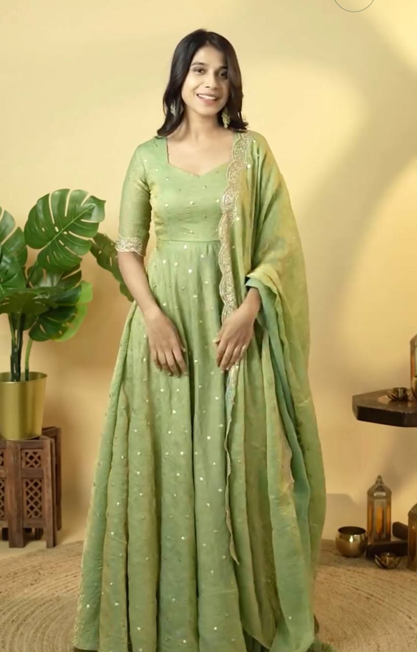 Adorable Sequence Work Green Color Gown