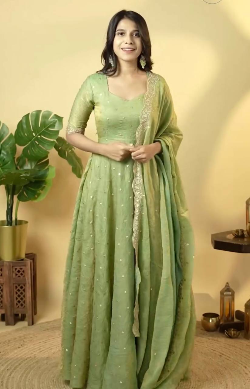 Adorable Sequence Work Green Color Gown