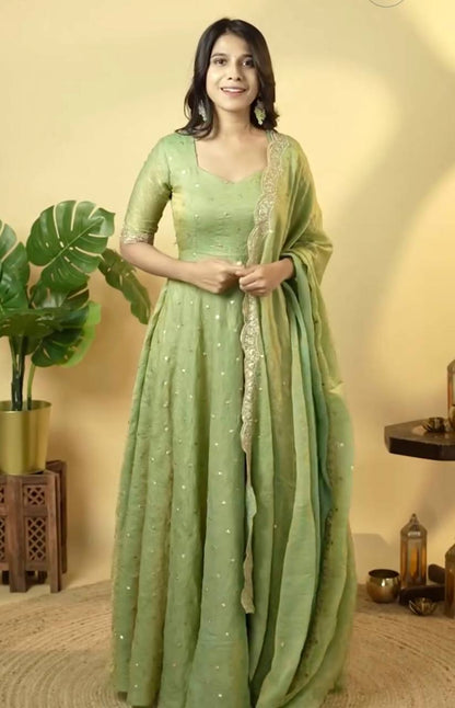 Adorable Sequence Work Green Color Gown