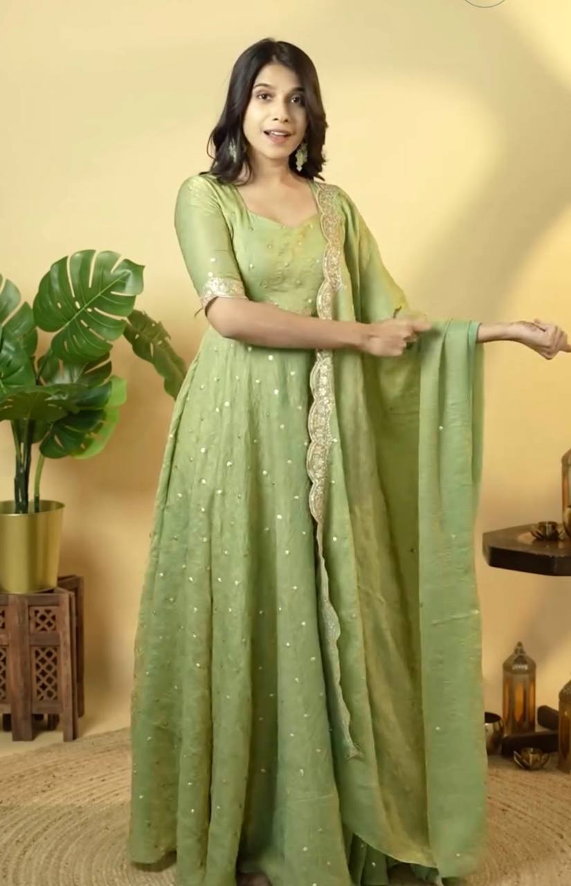 Adorable Sequence Work Green Color Gown