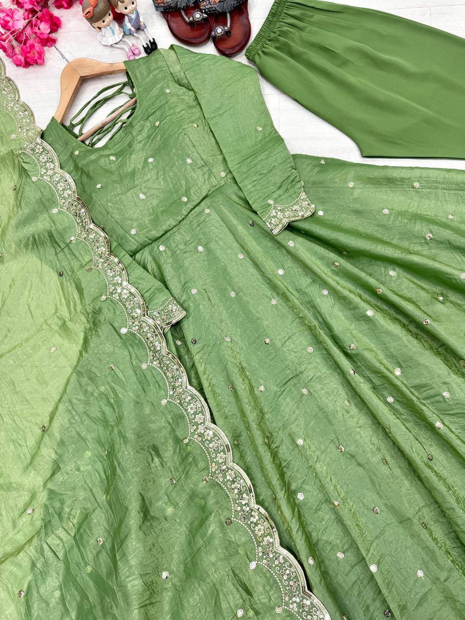Adorable Sequence Work Green Color Gown