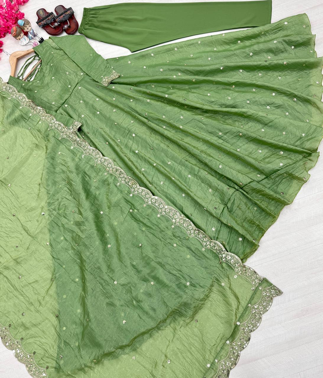 Adorable Sequence Work Green Color Gown