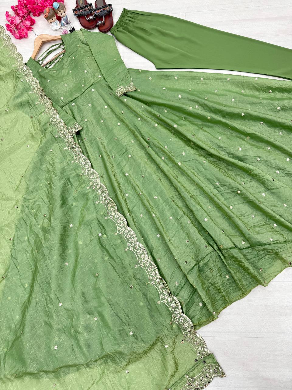 Adorable Sequence Work Green Color Gown